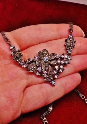 ARGENTO 925 STERLING art deco collana necklace marcasite vintage antica nouveau - Immagine 1 di 4