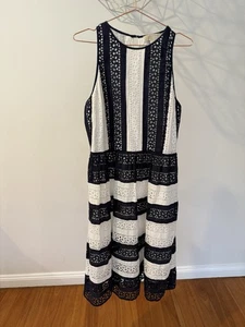 MICHAEL KORS Dress Blue White Strip Daisy Embroidered Eyelet Cotton Ladies 10 - Picture 1 of 7