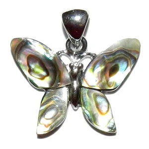 P1875 Full Butterfly 26mm Abalone Shell Pendant w Silver Brass Setting & Bail - Picture 1 of 1