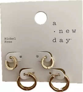 A New Day 2 Pair Gold Color Hoop Earrings Nickel Free 1/2" & 3/8" Long 1/8" Wide - Picture 1 of 5