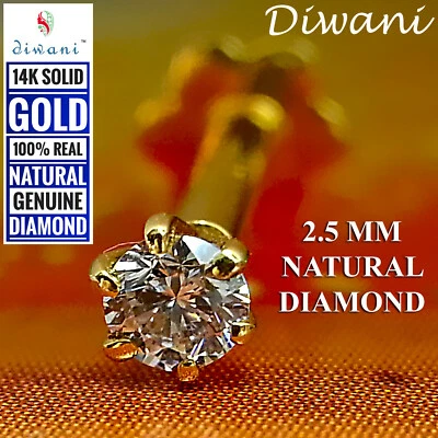 2.5mm Natürlich Si Diamant Solitaire Hochzeit Nase Lippen Schraube Piercing Ring - Bild 1 von 4