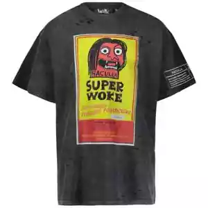 Haculla SUPER WOKE VINTAGE [HA02BA-T01] Crewneck BLACK T-SHIRT - Picture 1 of 2
