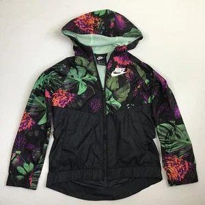 NIKE Black Multi-Color Floral Print Mesh Lightweight Hood Jacket Girls sz Medium - Picture 1 of 14