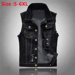 2025 Men's Fashion Jeans Sleeveless Jacket Vest Male Black Blue Denim Jeans Vest - Picture 1 of 25
