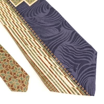 Henry Grethel Green Brown Abstract Jacquard Print Short Wide Italian Silk Tie - Image 1 of 4