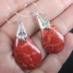 Pendientes de coral rojo natural lágrimas de plata esterlina 925, RCE-197 - Imagen 1 de 5