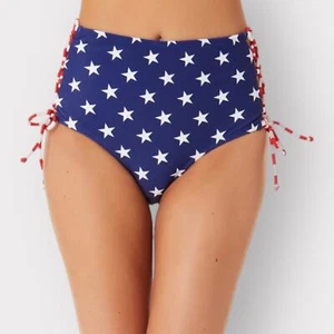 CA Waves NEW Stars Stripes Side Lace Up High-Waisted Bikini Bottoms sz M S Swim - Picture 1 of 7