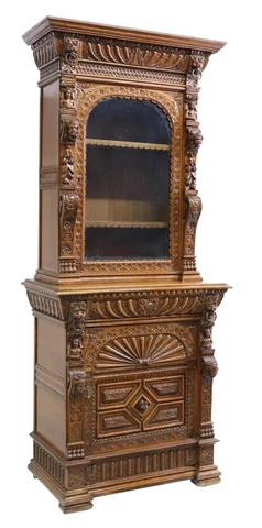 Cabinet, French Renaissance Revival, Carved Oak, Glazed Door, Lion Mask,  1800s! Cover