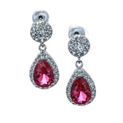 925 Sterling Silver 6x8.5mm Pear Ruby Drop 3/4'' Earrings Gemstone - Image 1 of 3