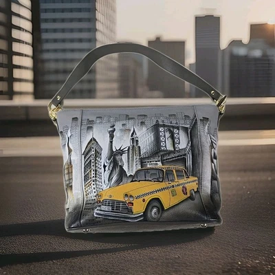 NUEVO SIN ETIQUETAS - Bolso Shopper Anuschka Pintado a Mano Amarillo Cabina New York Liberty Foto 1 de 4