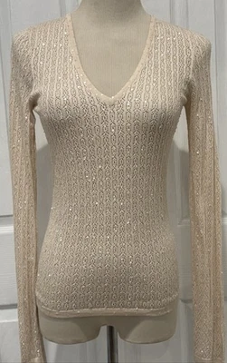 Top BCBG MAXAZRIA seda, algodón, lentejuelas de cachemir manga larga crema, XS, nuevo sin etiquetas Foto 1 de 4