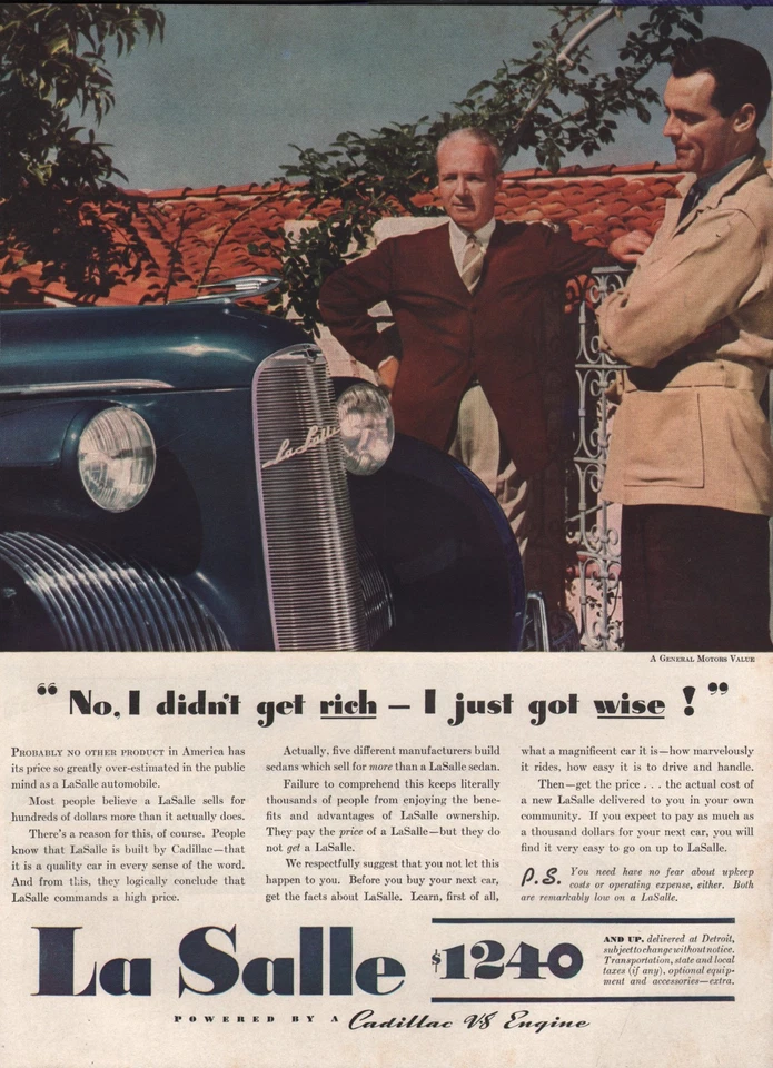 Anuncio impreso vintage La Salle Royal Blue Cadillac V-8 1939 motor automóvil Foto 1 de 1