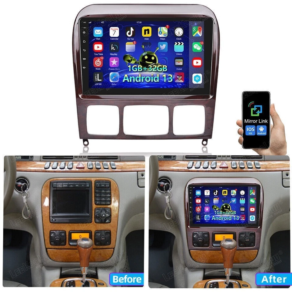 Rádio estéreo veicular 1G+32G Android 13 para Mercedes-Benz Classe S W220 GPS navegação WIFI - Imagem 1 de 4