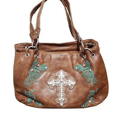 Mochila de cuero vegano marrón estrás cruz tachonado bordado bolso de hombro Foto 1 de 4