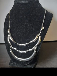 CHICO’S SILVER TONE BIB NECKLACE 3 Strand Layer Waterfall Moon Statement RARE  - Picture 1 of 24