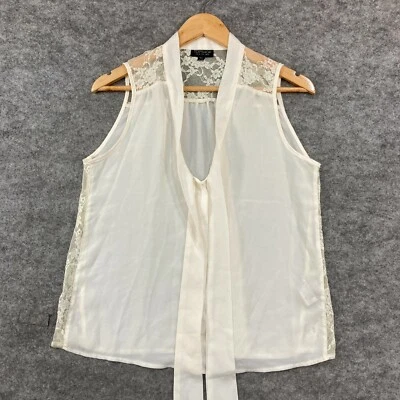 Blusa Topshop para mujer talla 8 blanca floral de encaje sin mangas con lazo en el coño 27315 Foto 1 de 4