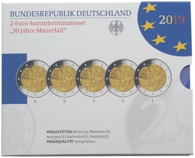 Germany 5 x 2 Euro Fall of the Berlin Wall 2019 ADFGJ Mirror Gloss Folder - Image 1 of 2