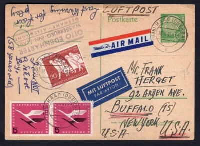 GERMANY 1955 Heuss Postal Card to USA. Uprated for Airmail - Image 1 of 2