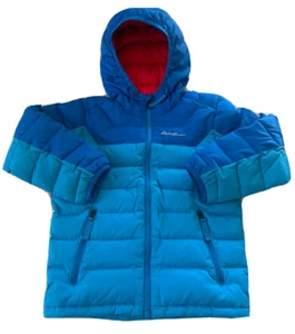 Eddie Bauer XXS 3/4 Children’s Down Ascent Puffer Hooded Jacket Blue Color-block - Picture 1 of 12