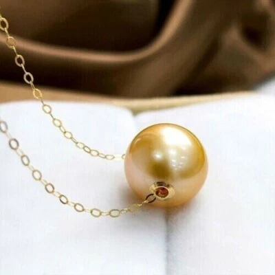 Delicado collar colgante de perlas doradas redondas del Mar del Sur AAA+ 11-12 mm oro de 18" 14k P Foto 1 de 4