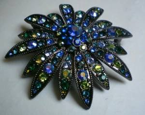 "Joan Rivers Swarovski Kristalle blau-grüne Blume Starburst Pin Brosche 2,25"" - Bild 1 von 2