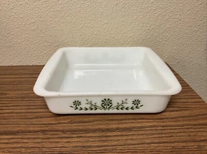 Vintage 8" Square Glasbake Milk Glass Baking Dish Green Daisy Flower 2428 - Picture 1 of 4