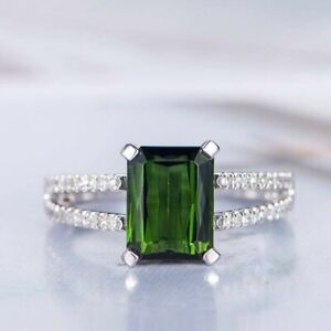 925 Silver Beautiful Emerald Cut Tourmaline Engagement Ring 14 White Gold FN