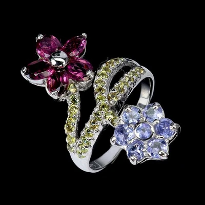 Anillo de plata de ley 925 ovalado rodolita zafiro tanzanita piedras preciosas joyería Foto 1 de 4