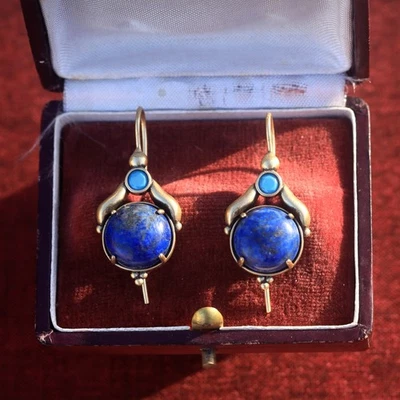Ohrringe Klappbügel Golden Fassung Cz Blau Halber Perle Lapislazuli Blau SB9 - Bild 1 von 4