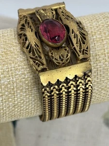 ANTIQUE VICTORIAN gilt pink paste statement cuff chain bangle bracelet gold - Imagen 1 de 19