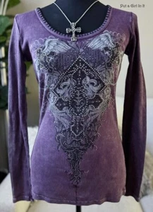 USA neu Vocal Damen CRYSTAL PURPLE PEITSCHENSTICH CROSS WINGS SHIRT S Small Y2K - Bild 1 von 4