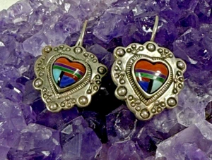 Native American Zuni Sterling Earrings w/ Multi-Gemstone Heart Inlay, Signed M - Picture 1 of 9