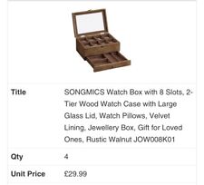 Watch Box with 8 Slots, 2-Tier Wood Watch Case with Large Glass Lid