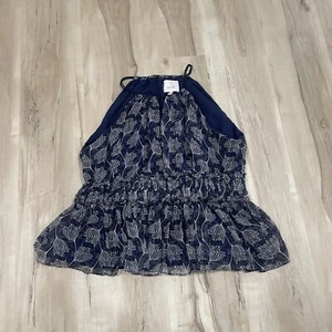 CINQ A SEPT SILK BLOUSE NAVY W GRAY BLOSSOMS S - Picture 1 of 7