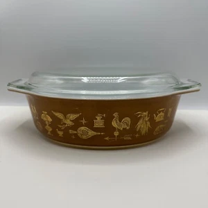 Vintage Pyrex Early American 2.5 Qt. Oval Casseroles Brown & Gold 045 w Lid Rare - Picture 1 of 13