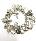 Vintage Silver Charm Bracelet With 24 Charms, Padlock And Safety Chain