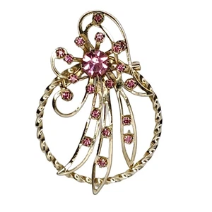 Floral Brooch Pin Pink Rhinestone Goldtone Flower 2 1/4"X1 1/2" - Picture 1 of 3