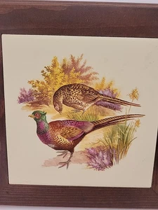 VTG Pair PEASANTS Wood Framed Ceramic TILE TRIVET 9"X9"X1" USA RETRO - Picture 1 of 6