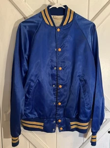 Vintage Satin Snap Up Jacket Blue Yellow Trim Size Small 34-36 Made In USA - Picture 1 of 6
