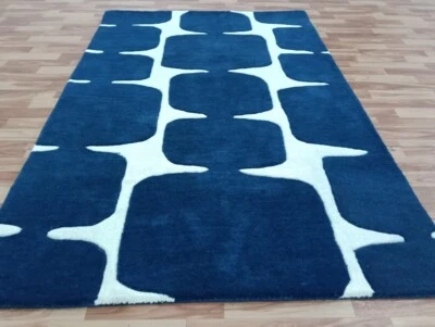 Modern Blue Hand Tufted Wool Carpet Handmade Rug For Hall Way - Image 1 of 4