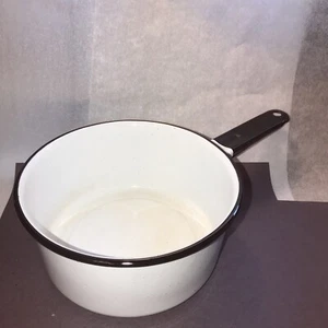 Vintage Farmhouse White Enamel Pot Black Rim & Handle Hanging Hook - 7.5” Wide - Picture 1 of 4