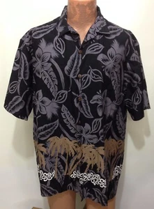 Camisa Hilo Hattie XL Negra Gris Hibisco Marrón Palmeras Algodón Hawaiano - Imagen 1 de 5