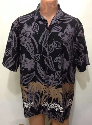Camisa Hilo Hattie XL Negra Gris Hibisco Marrón Palmeras Algodón Hawaiano Foto 1 de 4