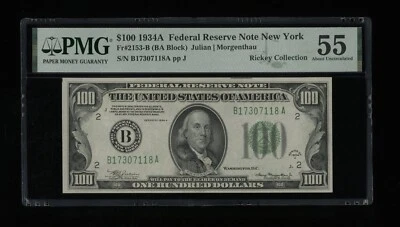 DBR 1934-A $100 FRN New York Fr. 2153-B PMG 55 Serial B17307118A - Image 1 of 2