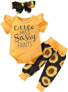 Newborn Baby Girl Clothes Infant Baby Ruffle Romper +Pants + Headband 3 PCS Outf - Picture 1 of 7