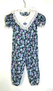 Vintage Jumpsuit Girls 2 -3 T 80's Puffed Sleeves Lace Trimmed Collar Pants Blue - Picture 1 of 7