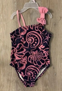 Gymboree Girl’s Size 4 Navy & Pink Starfish & Shells Swimsuit With Bow On Strap - Picture 1 of 7