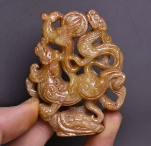 Old Han Dynasty Natural Hetian Jade Carve Dragon Phoenix Pixiu Turtle Pendant - Picture 1 of 6