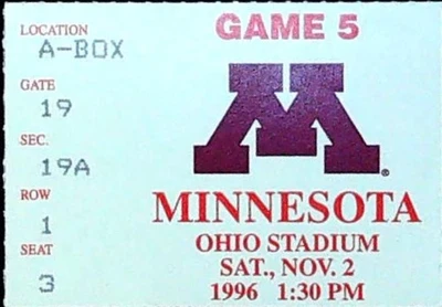 Boleto de fútbol americano universitario Ohio State Buckeyes Minnesota Gophers Tix Stub 2/11/1996 Foto 1 de 2
