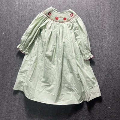 Amanda Remembered Green Microcheck Long Sleeve Bishop Dress Apples Smock Size 4 - Image 1 of 4